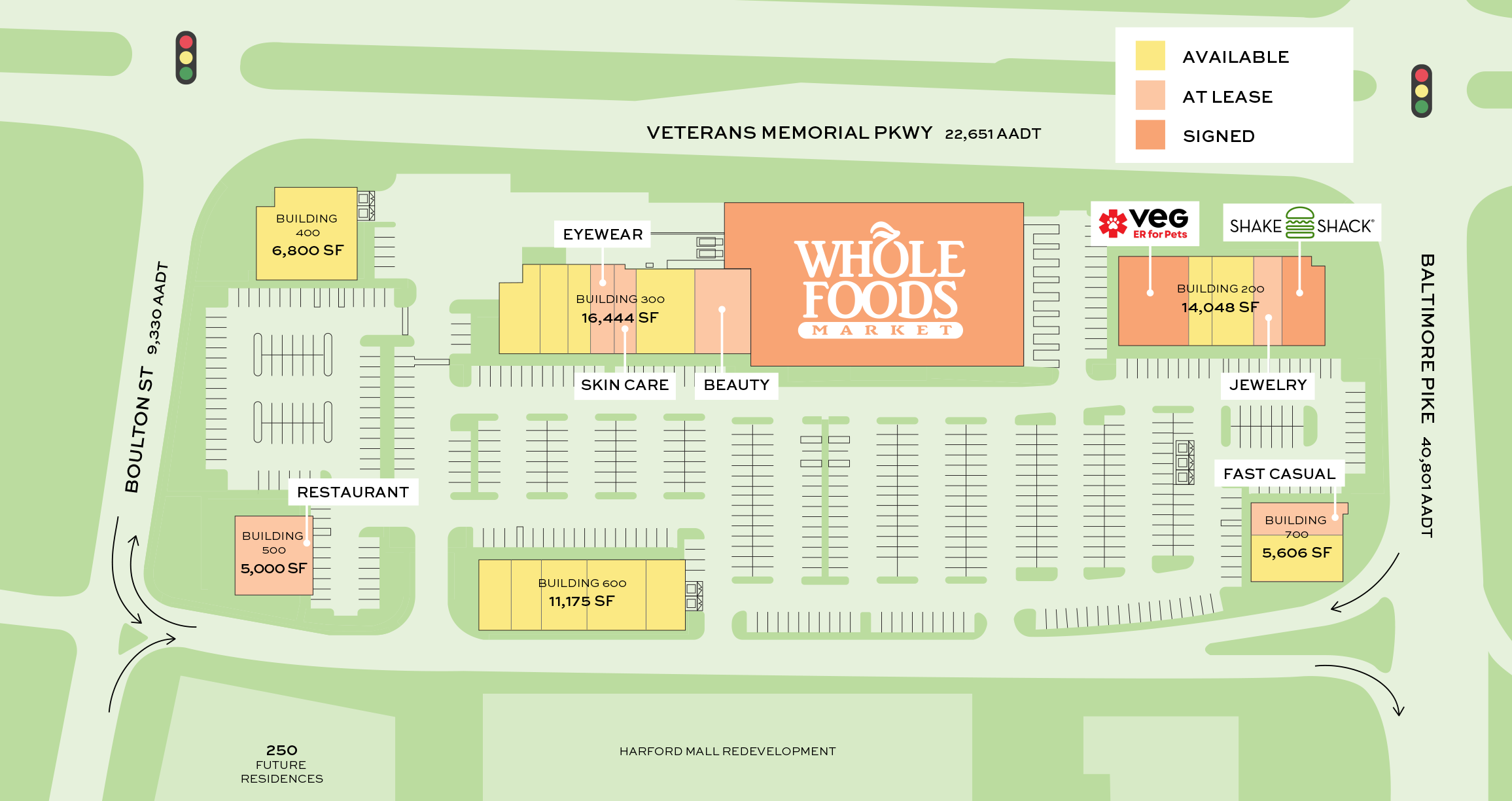 A site plan showing the available retail spaces and signed retail tenants at Derby Place