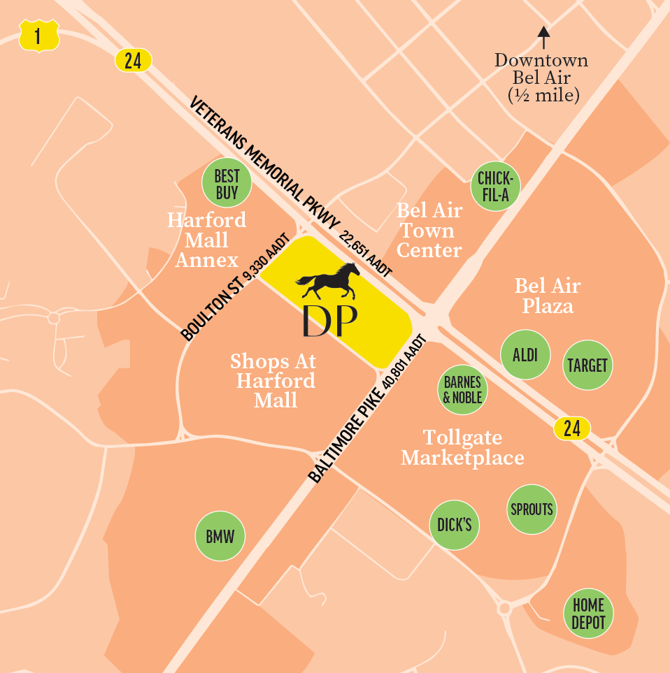 A map showing the roads and highways around Derby Place plus local retail centers and notable retailers.